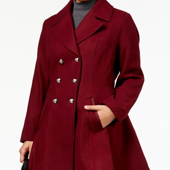 Laundry by Shelli Segal Double Breasted Skirted Wool Peacoat, Red, L - Picture 1 of 7